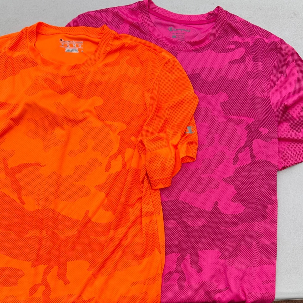 Bright colored Champion Short-Sleeve Camo Performance Tees in Orange & Pink